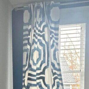 Custom 50W x 96 White/Blue Back Tab Geometric Lined Drapes. Set of 2.